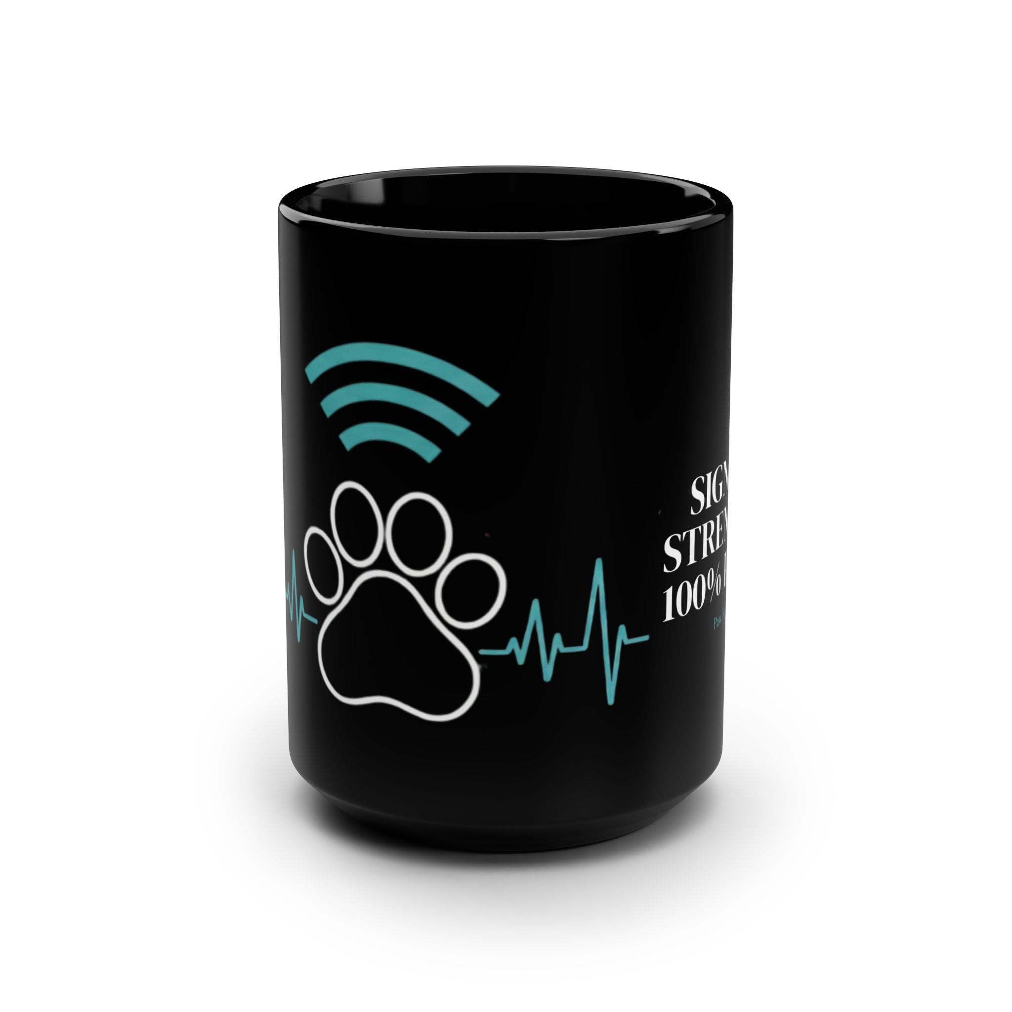 Connected By Paws 15oz Black Mug — Pawprint Wi‑Fi Heartbeat Design