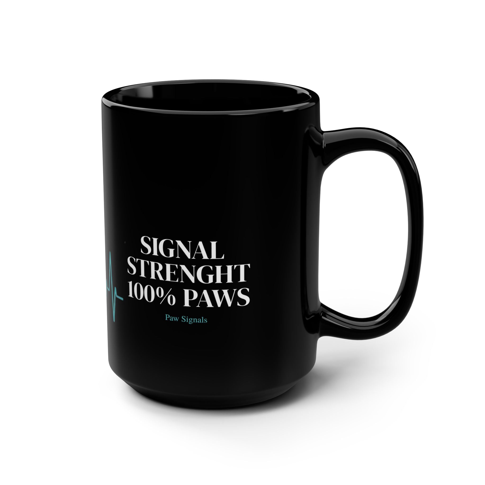 Connected By Paws 15oz Black Mug — Pawprint Wi‑Fi Heartbeat Design