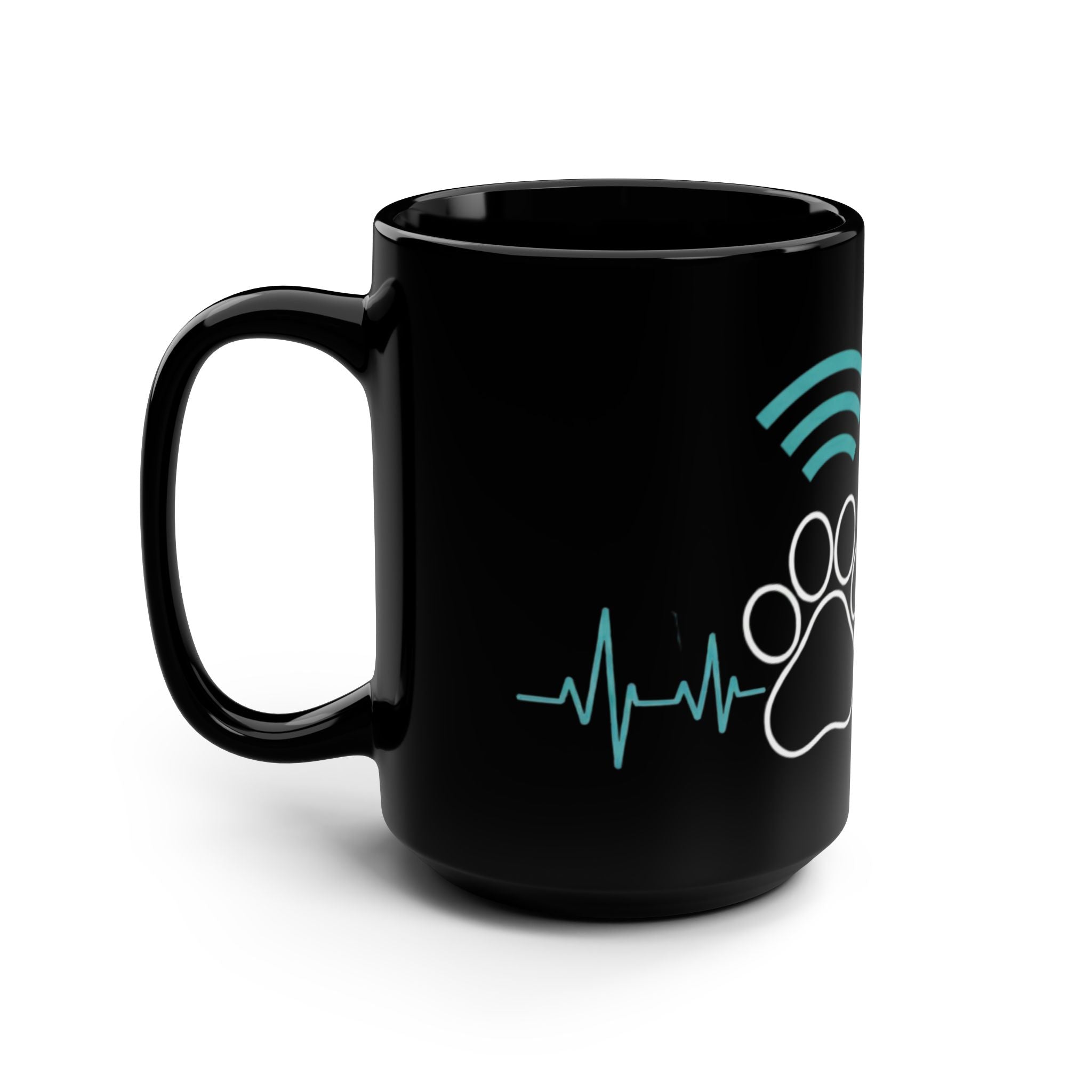 Connected By Paws 15oz Black Mug — Pawprint Wi‑Fi Heartbeat Design