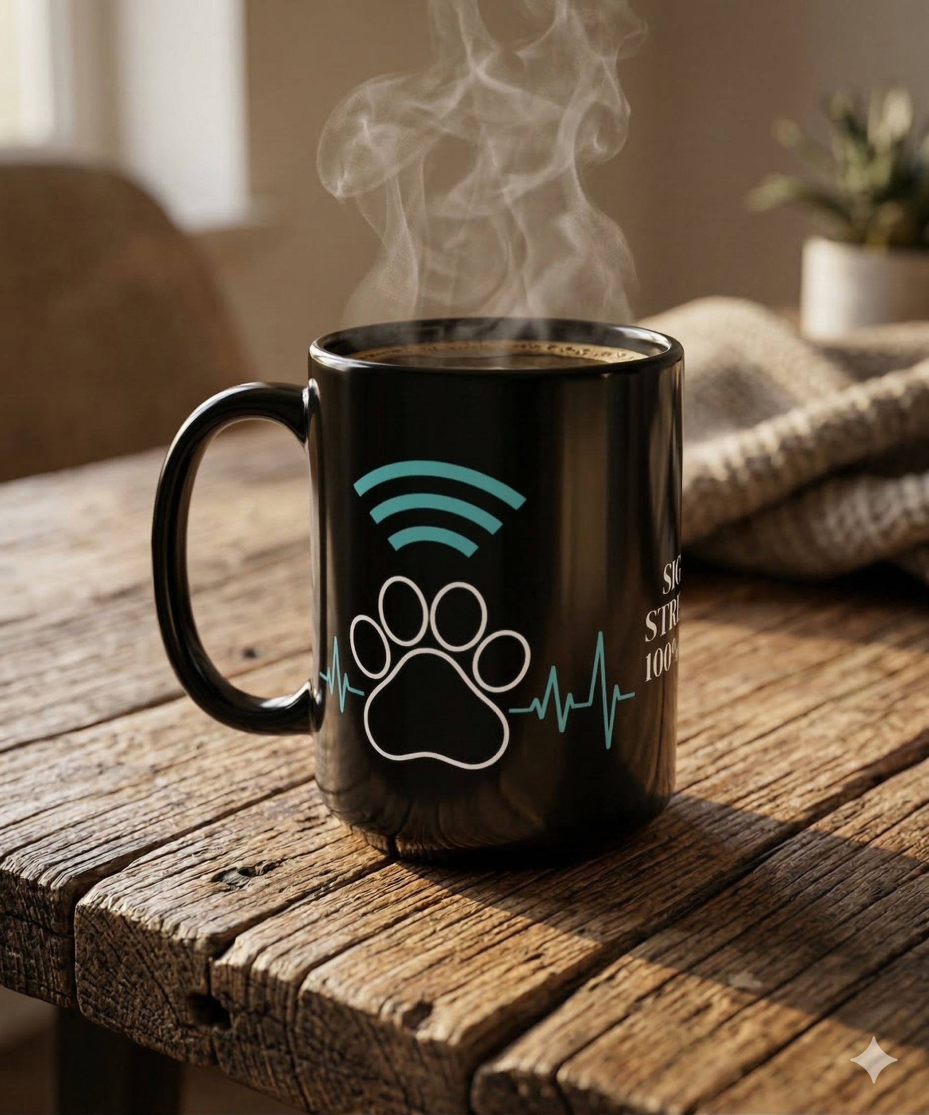 Connected By Paws 15oz Black Mug — Pawprint Wi‑Fi Heartbeat Design
